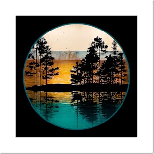 Rustic Lake Reflections Golden Horizon with Trees Posters and Art